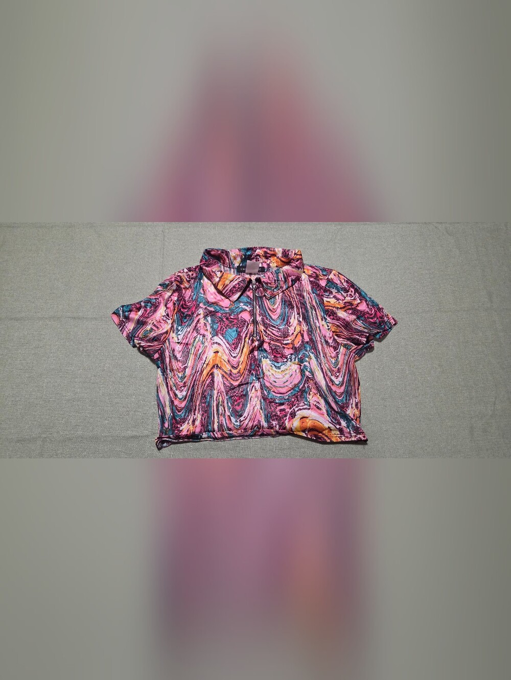 Vibrant Marble Print Zip-Front Top - Pink Teal Orange